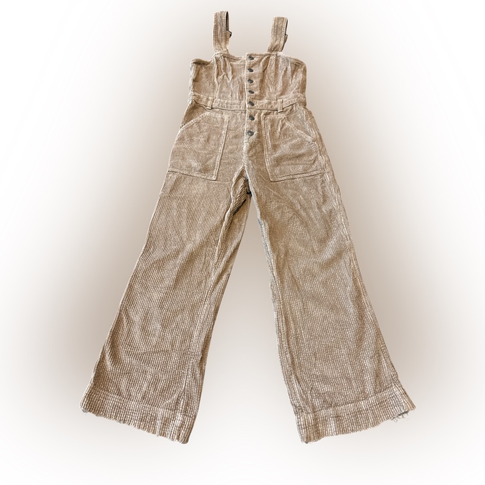 aerie Beige Corduroy Wide-Leg Jumpsuit